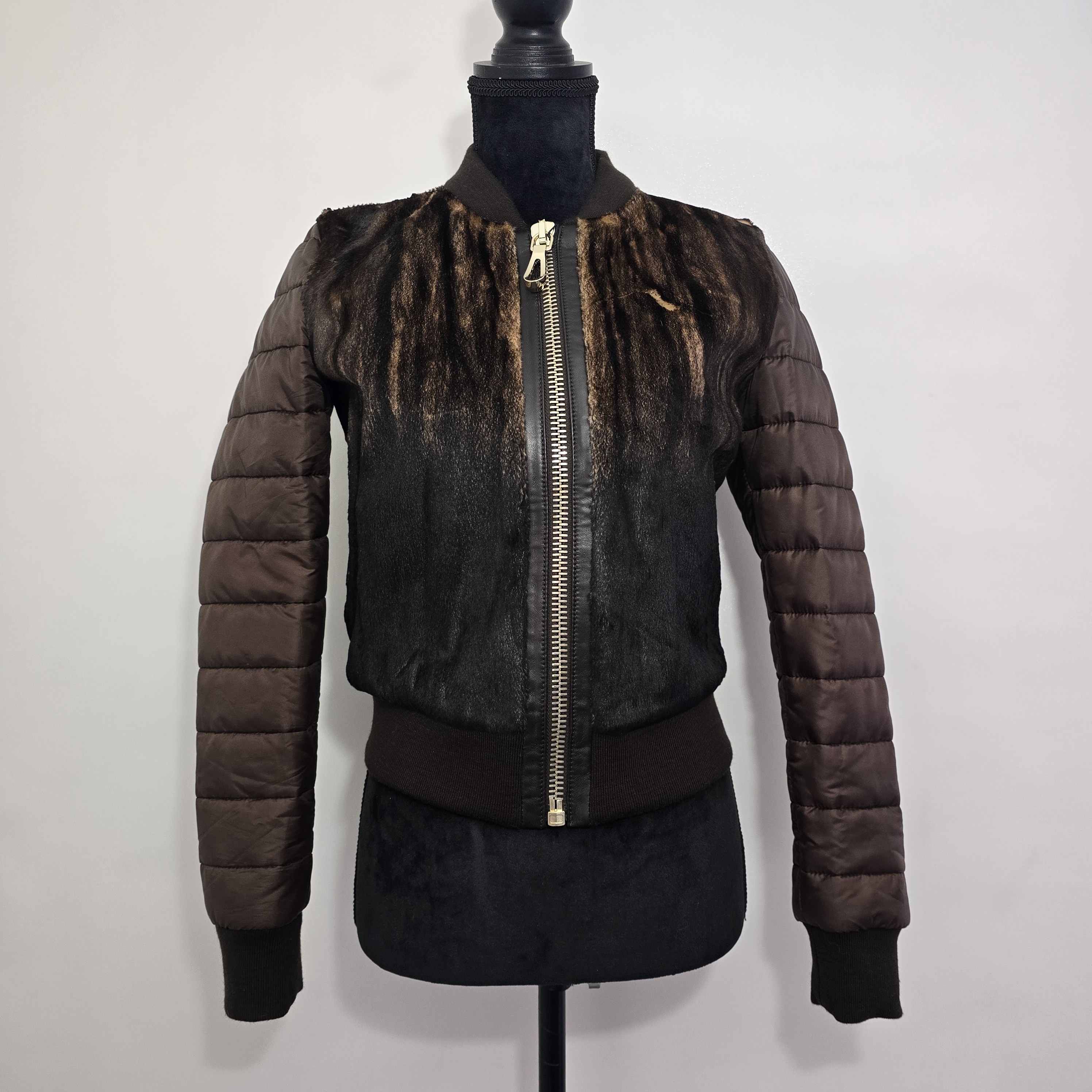 Genuine Leather Brown Bomber Jacket With Fur Detail Size 36 Brand Ottimo